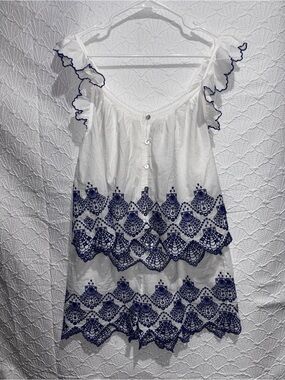 Calypso St. Barth White & Blue Embroidered Cotton Lounge Set  | Boho Coastal